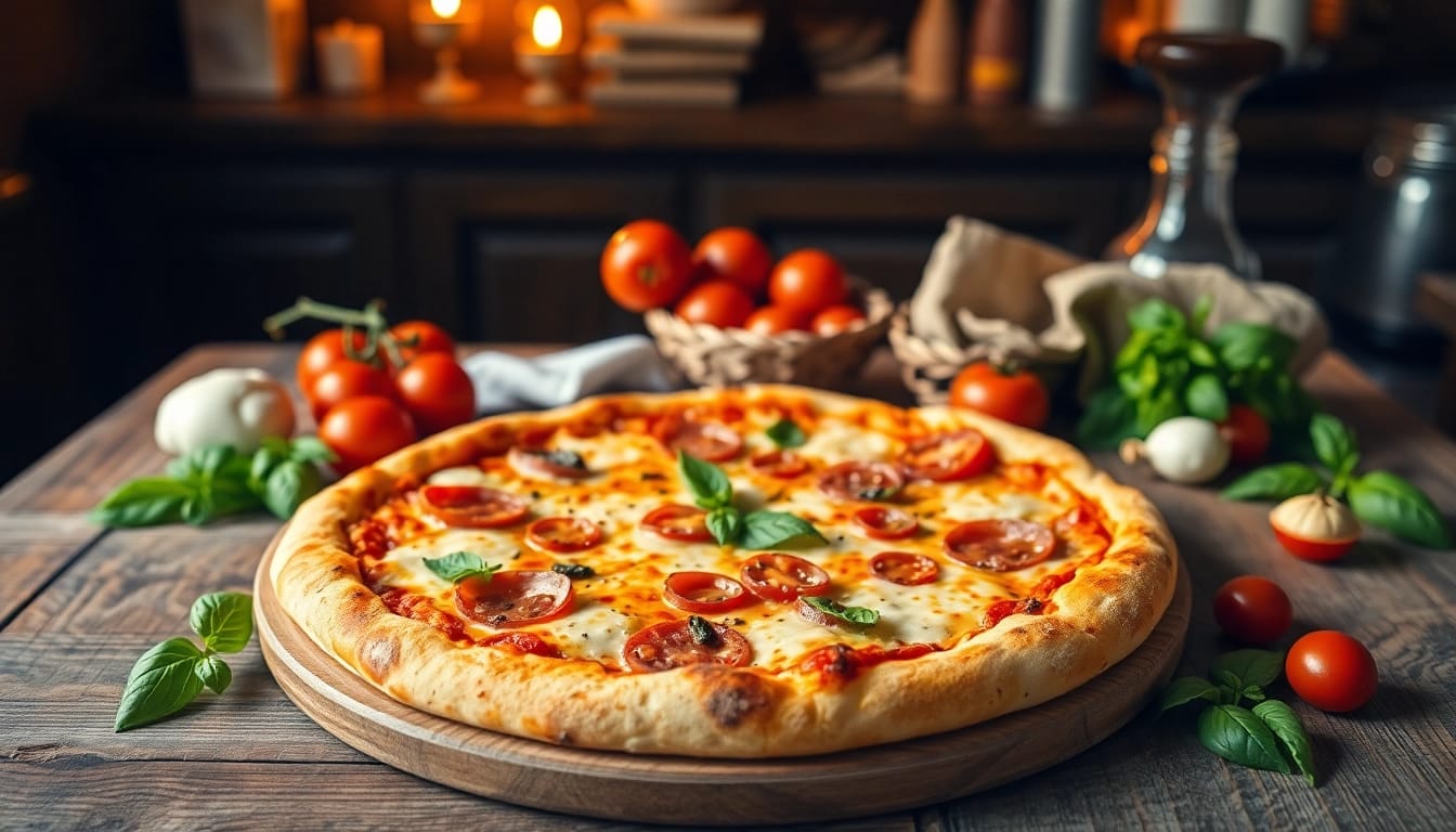 Unslicing a delicious Pizza topped with fresh basil and mozzarella.