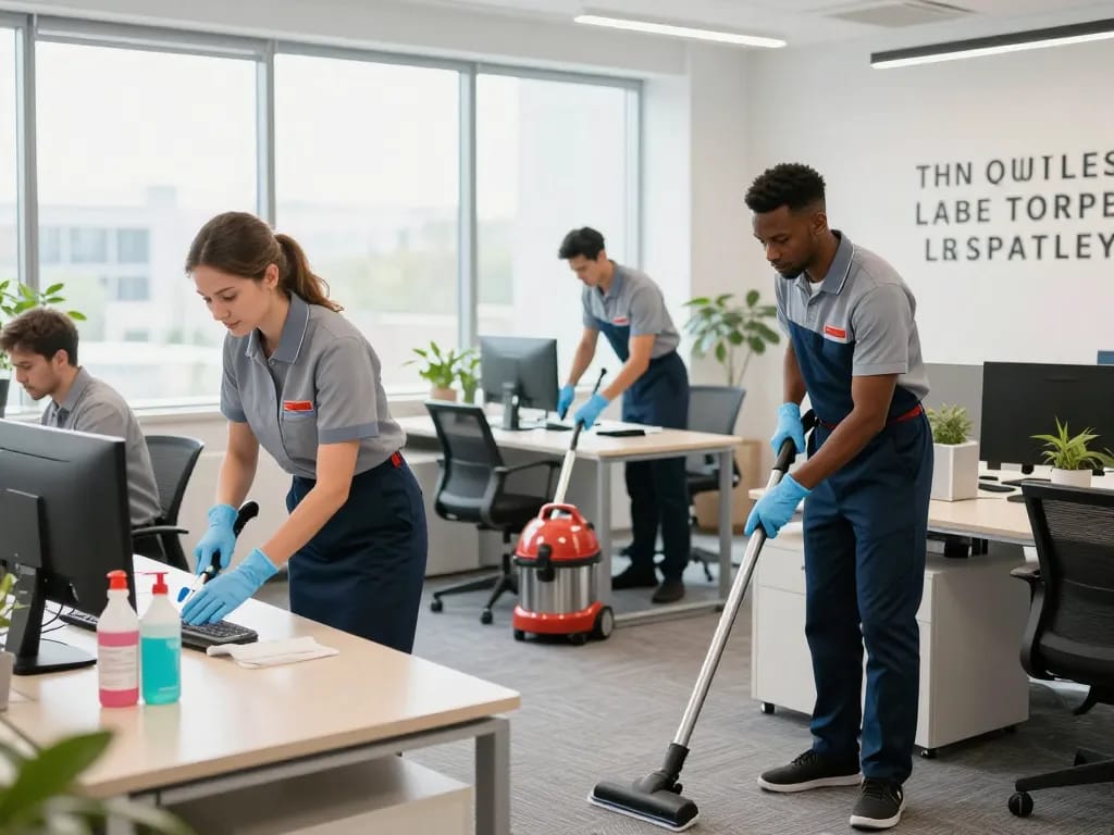 Unterhaltsreinigung im Raum Münster, durchgeführt von einem professionellen Team in einem hellen Unternehmensbüro, das effektive Reinigungs- und Hygienelösungen präsentiert.