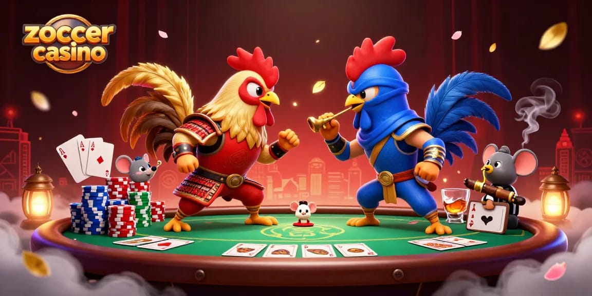 Engage with zoccer casino's vibrant world featuring dynamic rooster characters amidst thrilling poker elements