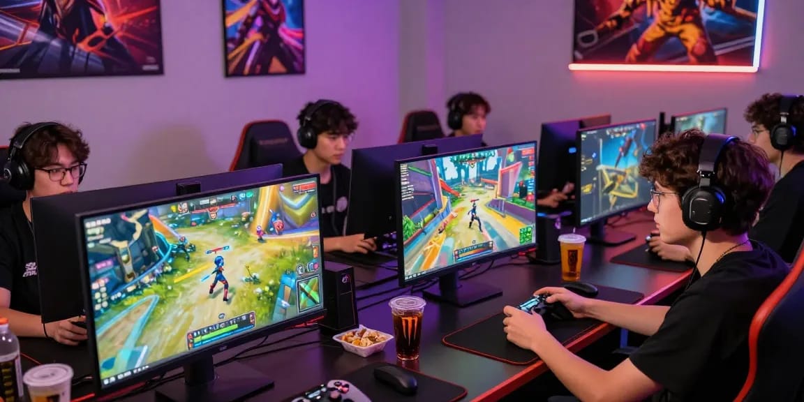 Engaging gamers at modern gaming desks with vibrant screens, promoting https://b52club.radio.fm/ for thrilling online gaming.