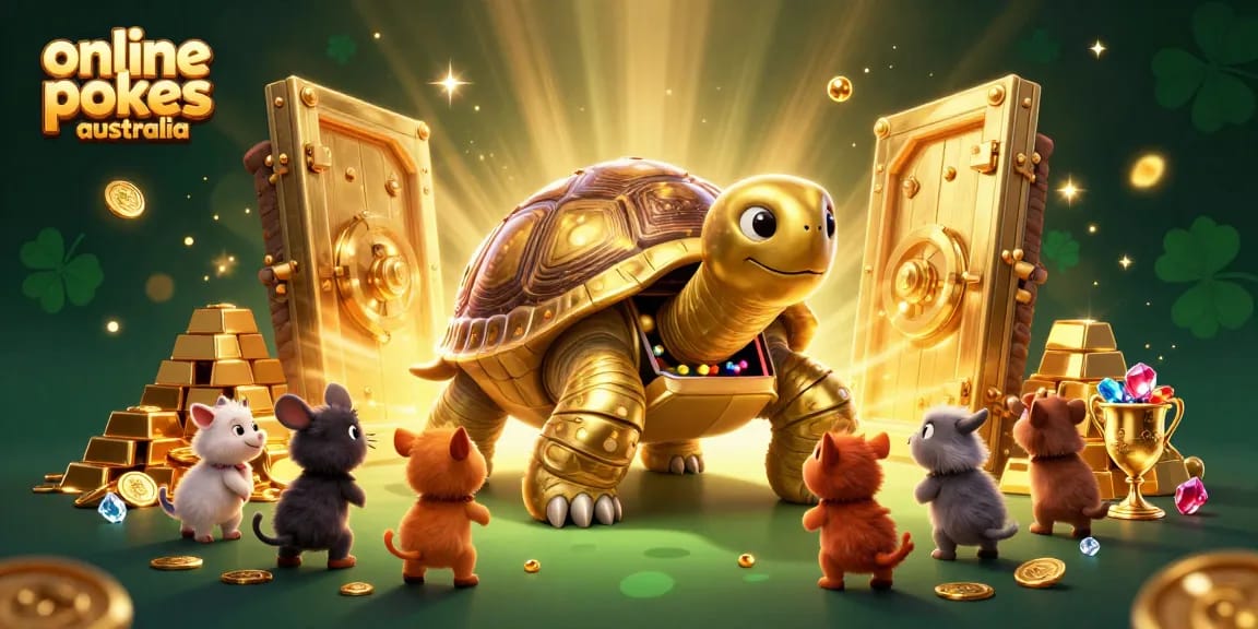 Join the excitement with online pokies Australia featuring a golden tortoise pinball machine surrounded by treasure and animated characters.