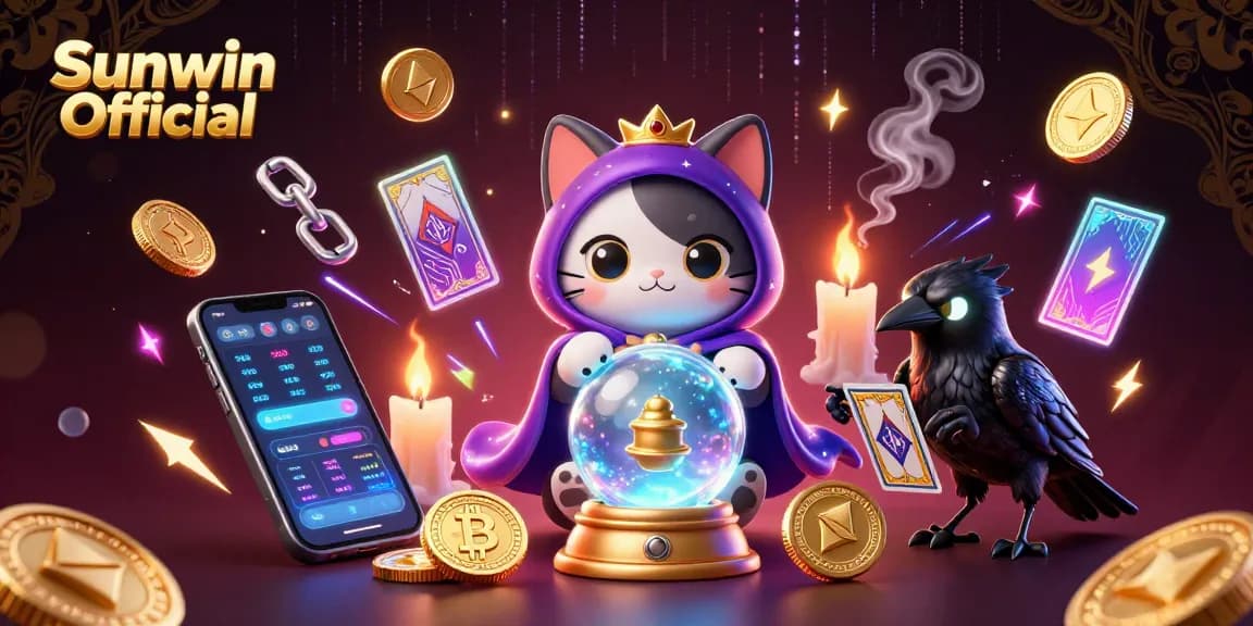 Engage in thrilling gameplay with Sunwin Official, showcasing fortune teller cat and tarot raven in a vibrant casino setting.