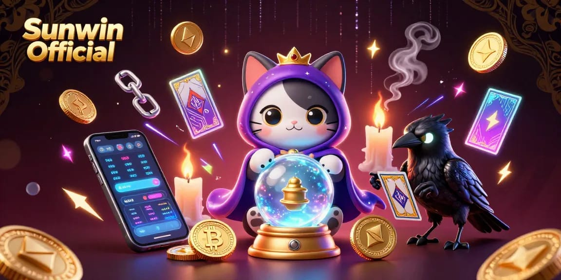 Engage in thrilling gameplay with Sunwin Official, showcasing fortune teller cat and tarot raven in a vibrant casino setting.