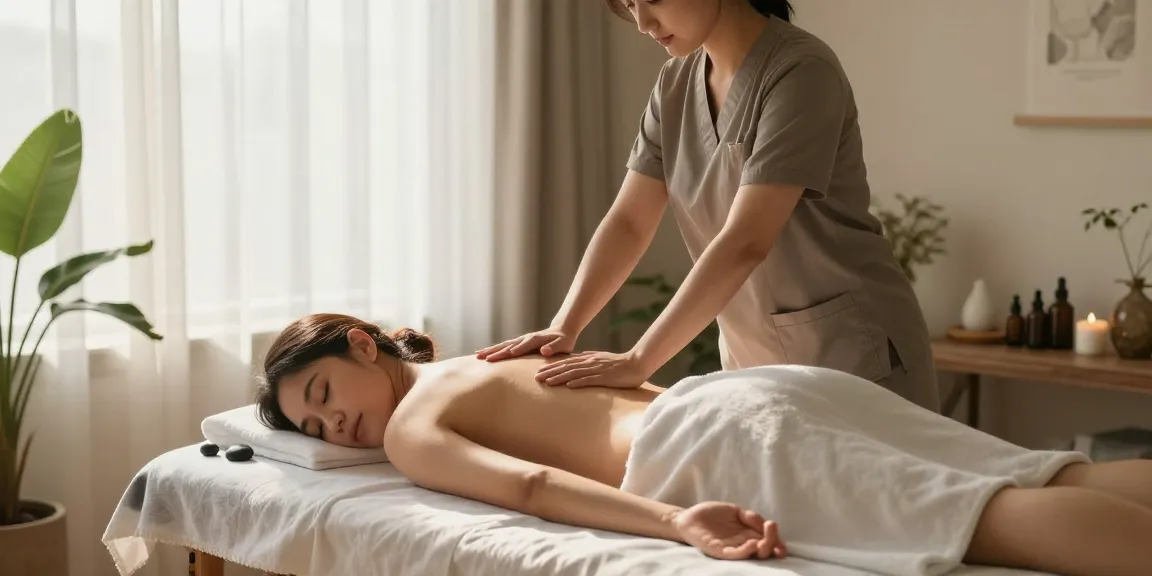 의정부출장마사지 서비스 중 전문 관리사가 고객을 편안하게 마사지하는 장면