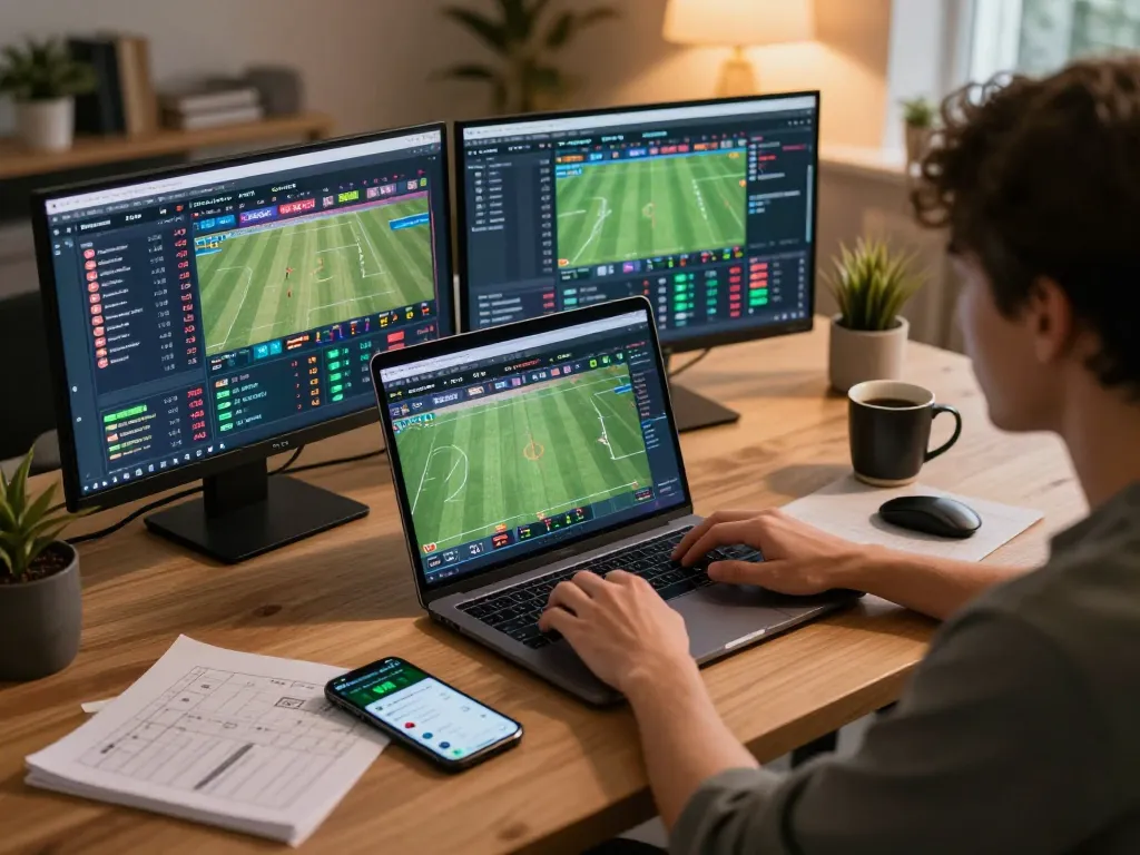 Engaging with kèo nhà cái 5 through live sports betting on a laptop, showing betting odds and strategies.