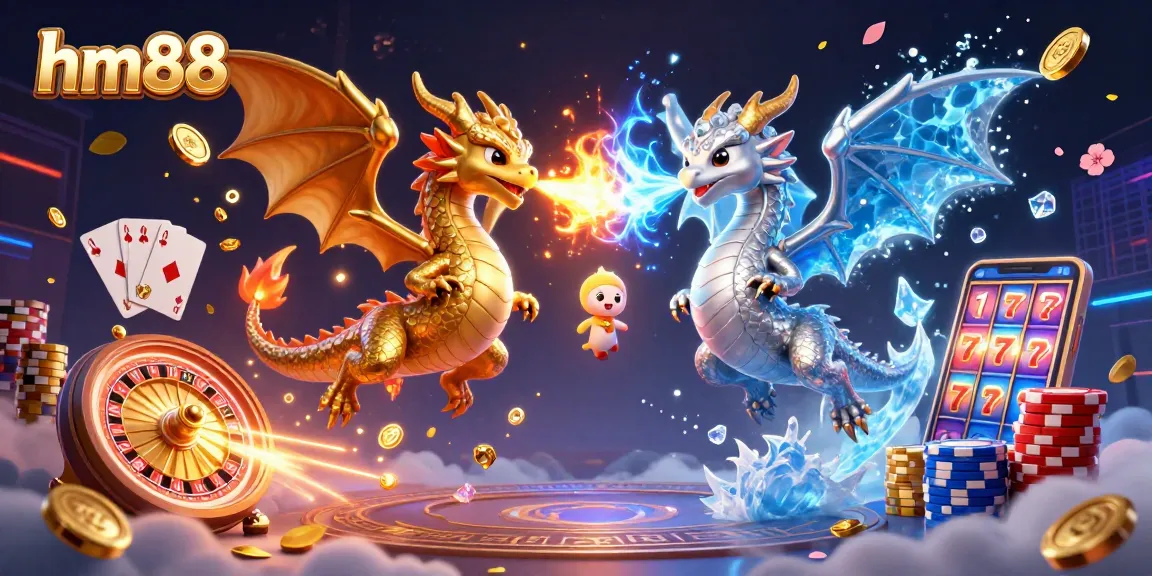 Engage in the thrilling world of hm88 with dragons battling flames and ice, surrounded by vibrant casino elements.