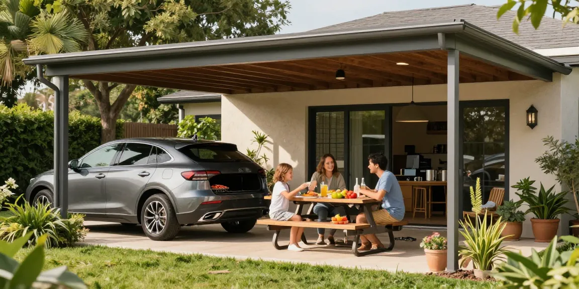 Moderne Carport schützt stilvolles Auto in einladendem Garten mit Familie beim Grillen.