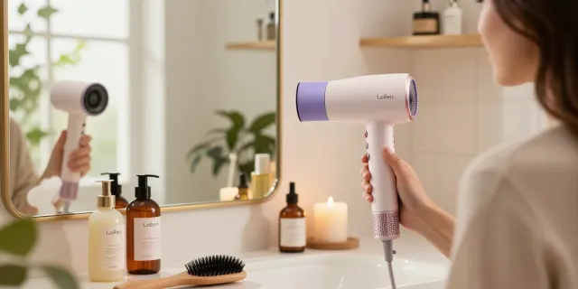 Laifen Haartrockner in stilvollem Badezimmer mit Beauty-Produkten im Hintergrund.