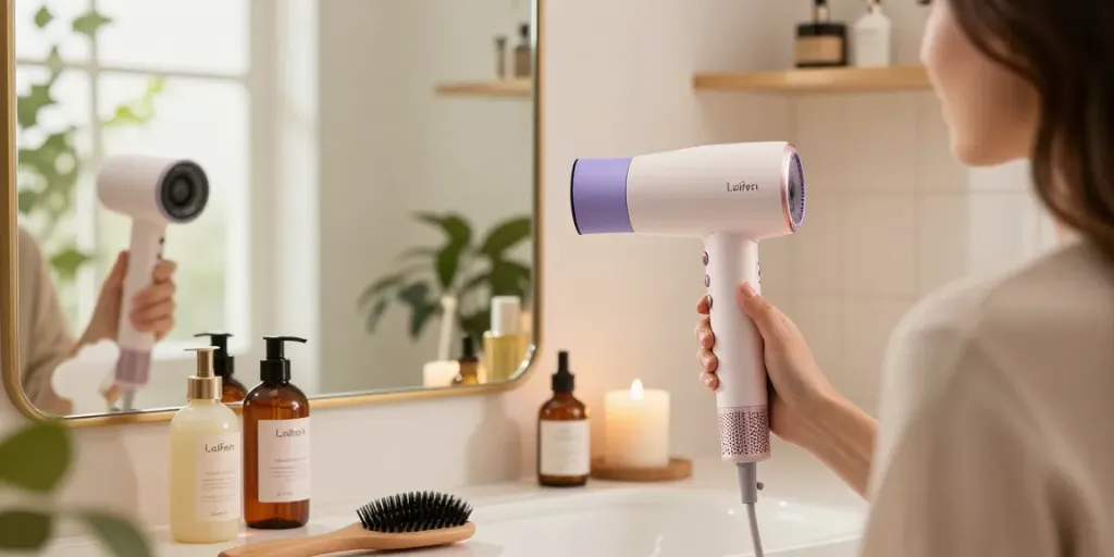 Laifen Haartrockner in stilvollem Badezimmer mit Beauty-Produkten im Hintergrund.