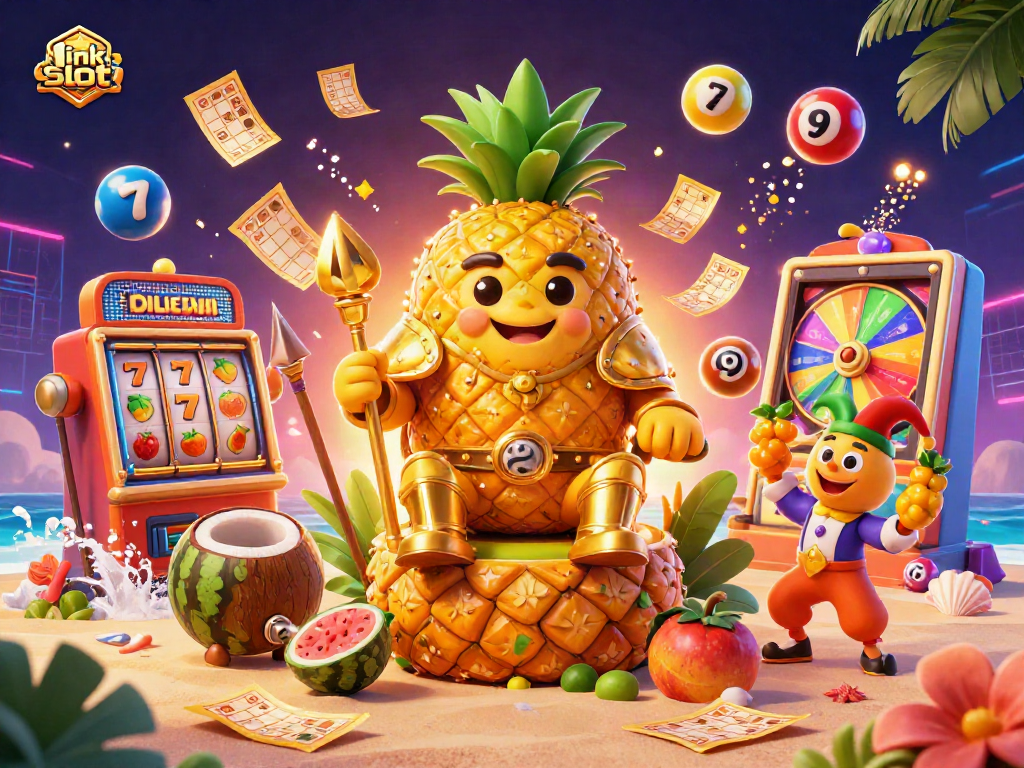 Experience thrilling gameplay at link slot with dynamic visuals featuring a golden pineapple king and engaging slot machines.