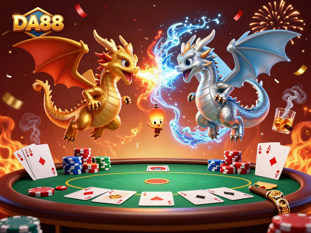 Play thrilling games at DA88 with dynamic dragons, poker elements, and festive effects.