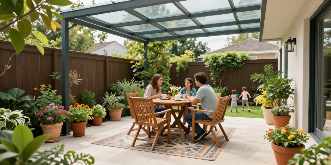 Elegante Terrassenüberdachungen, Familie genießt Kaffee in einem modernen Garten.