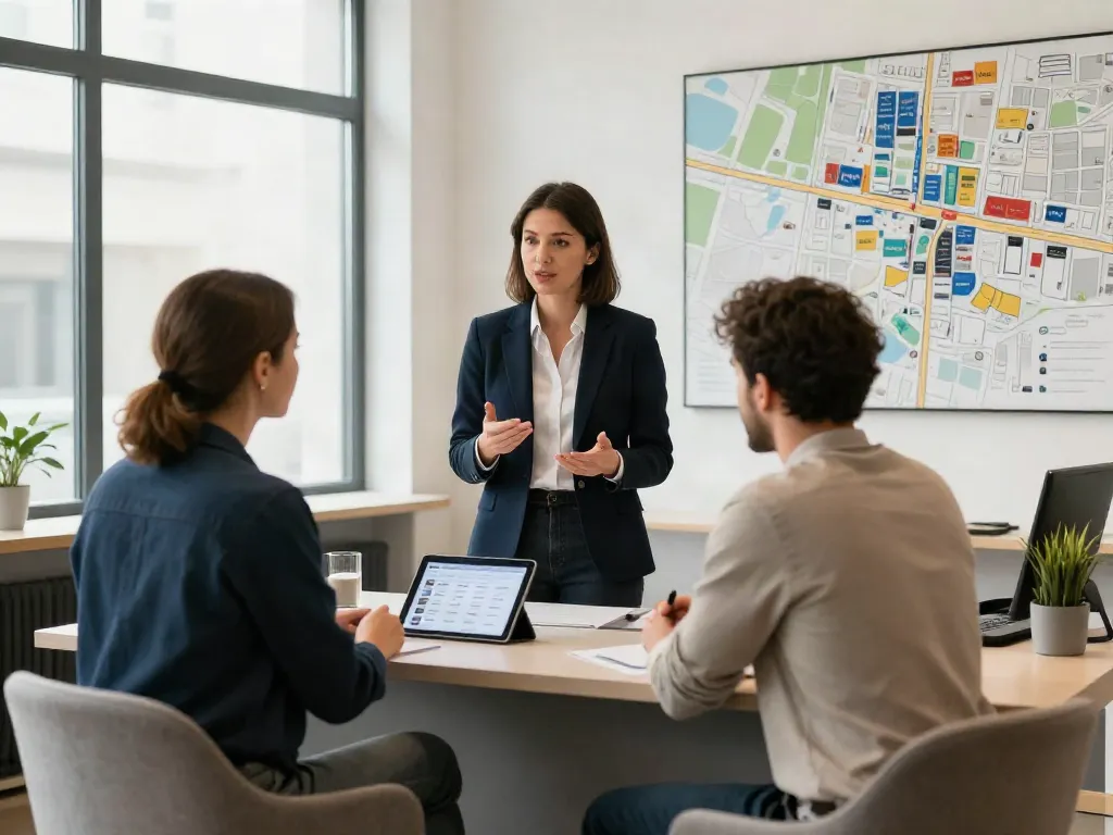 Bester Immobilienmakler Frankfurt berät Kunden in modernem Büro mit natürlicher Beleuchtung.