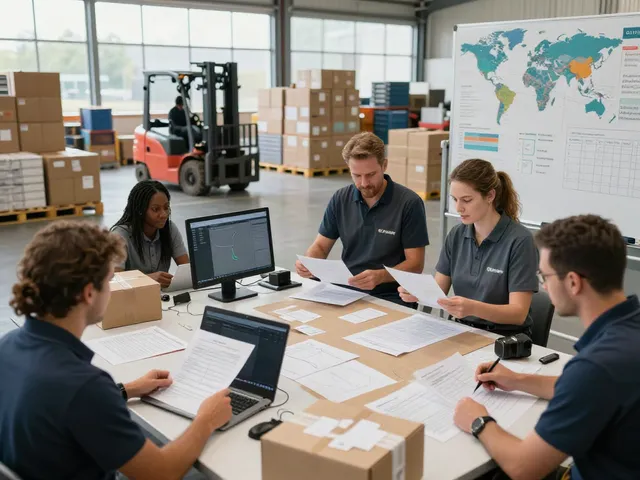 Team von Logistikprofis bei der Planung von Spedition in Bielefeld in einem geschäftigen Lager.