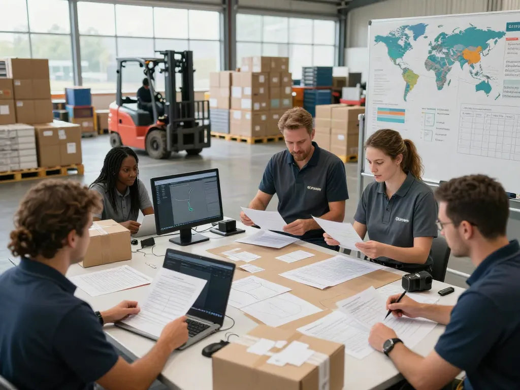 Team von Logistikprofis bei der Planung von Spedition in Bielefeld in einem geschäftigen Lager.
