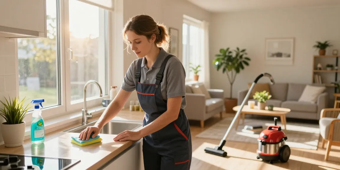 Effective wohnungsabgabe reinigung in a bright residential kitchen, showcasing professional cleaner using eco-friendly supplies.