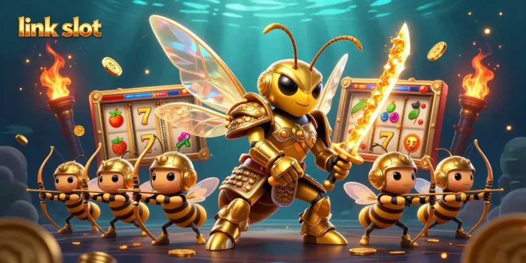 Experience the excitement of link slot games with vibrant 3D visuals of jackpot reels and a dynamic hornet character.