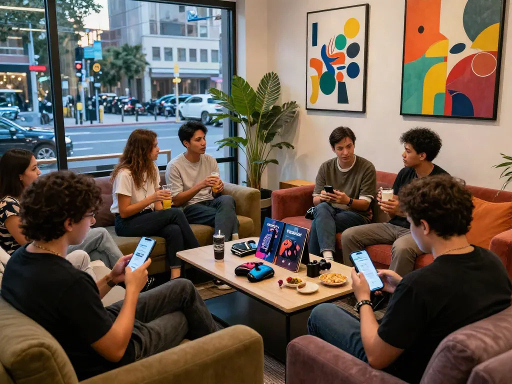 Social lounge showcasing the rokok88 community, vibrant atmosphere with people interacting.
