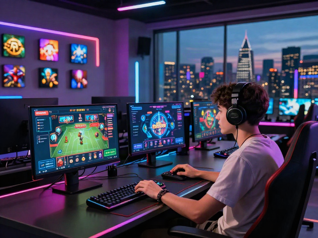 Engaged player enjoying a vibrant online gaming experience at https://iwinnk.jp.net/ with multiple screens showcasing live casino games.