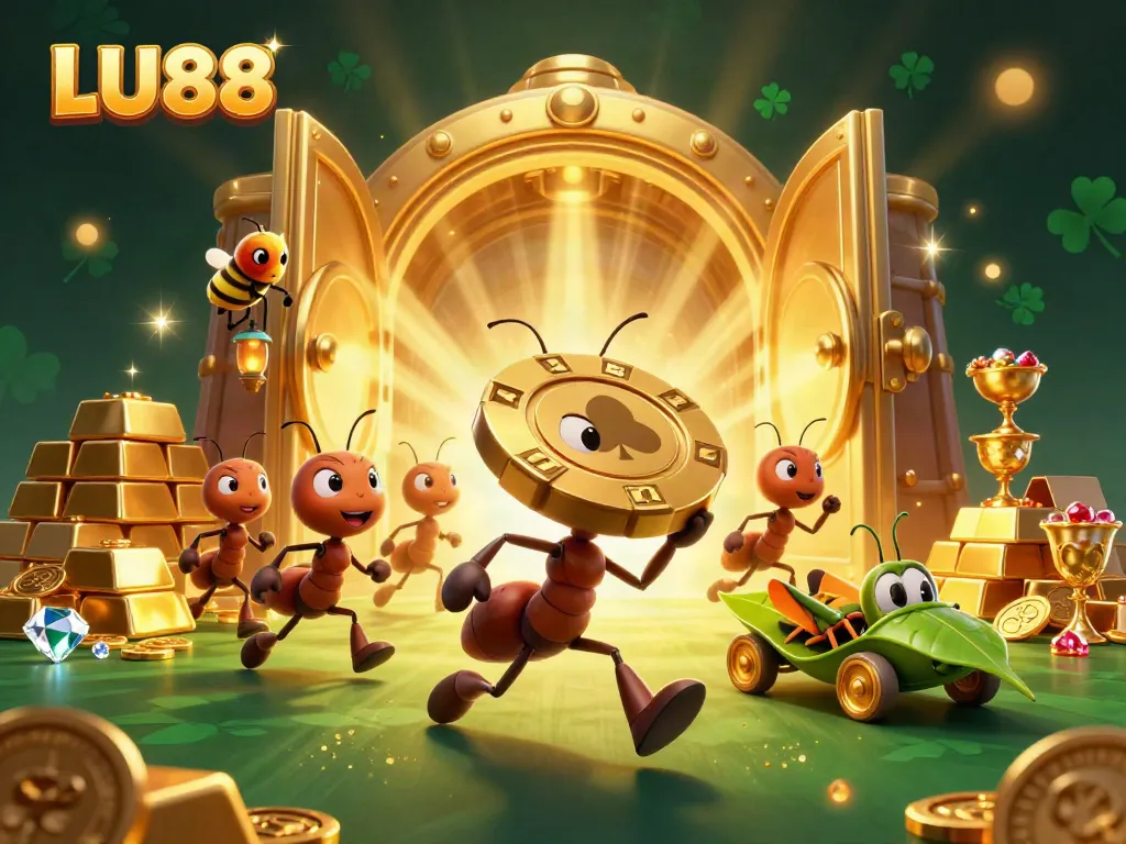 Engaging scene of LU88 illustrated with ants carrying a giant poker chip amidst a treasure heist.