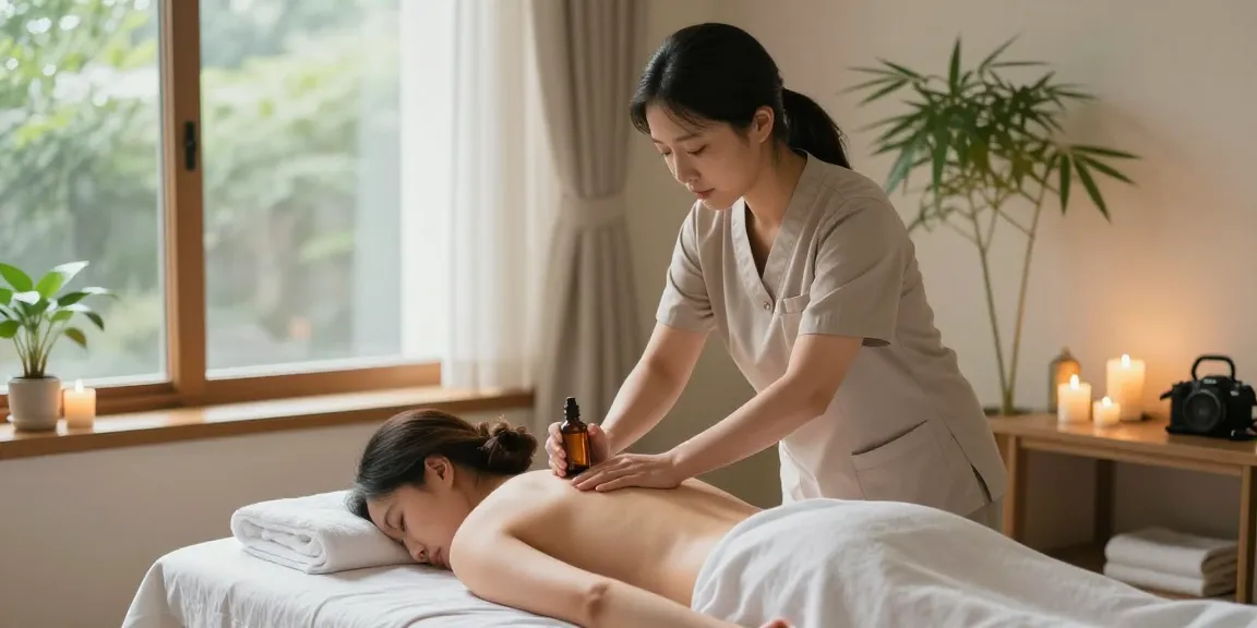 Uijeongbu 출장마사지 service featuring a professional therapist in a serene home setting.