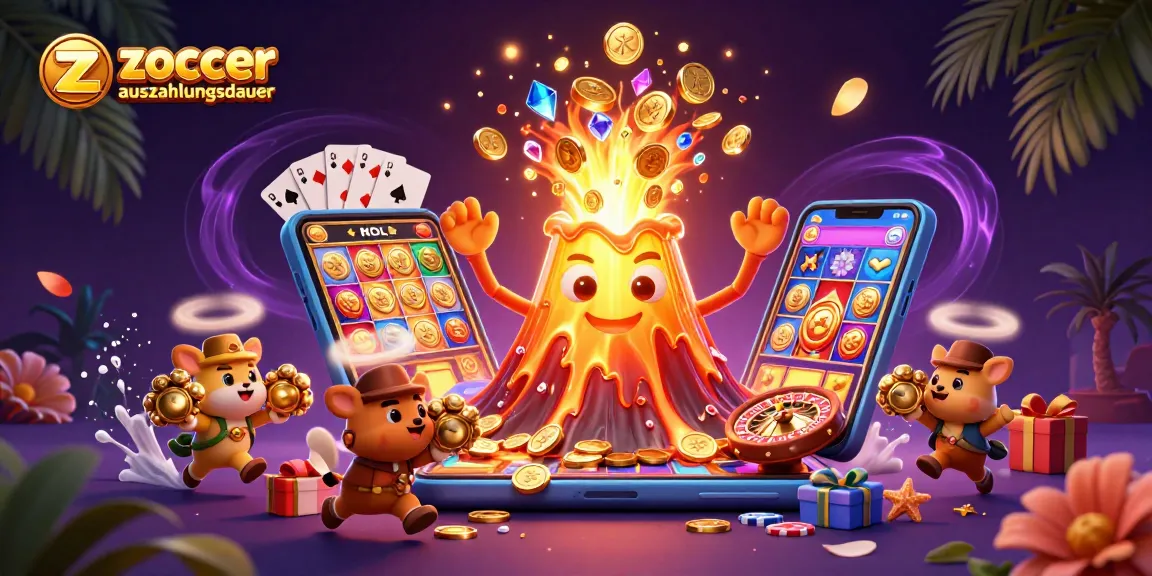 Zoccer Casino Auszahlungsgeschwindigkeit aufzeigen mit 3D Illustration von Vulkan, glücklichen Tieren und Casino-Elementen.