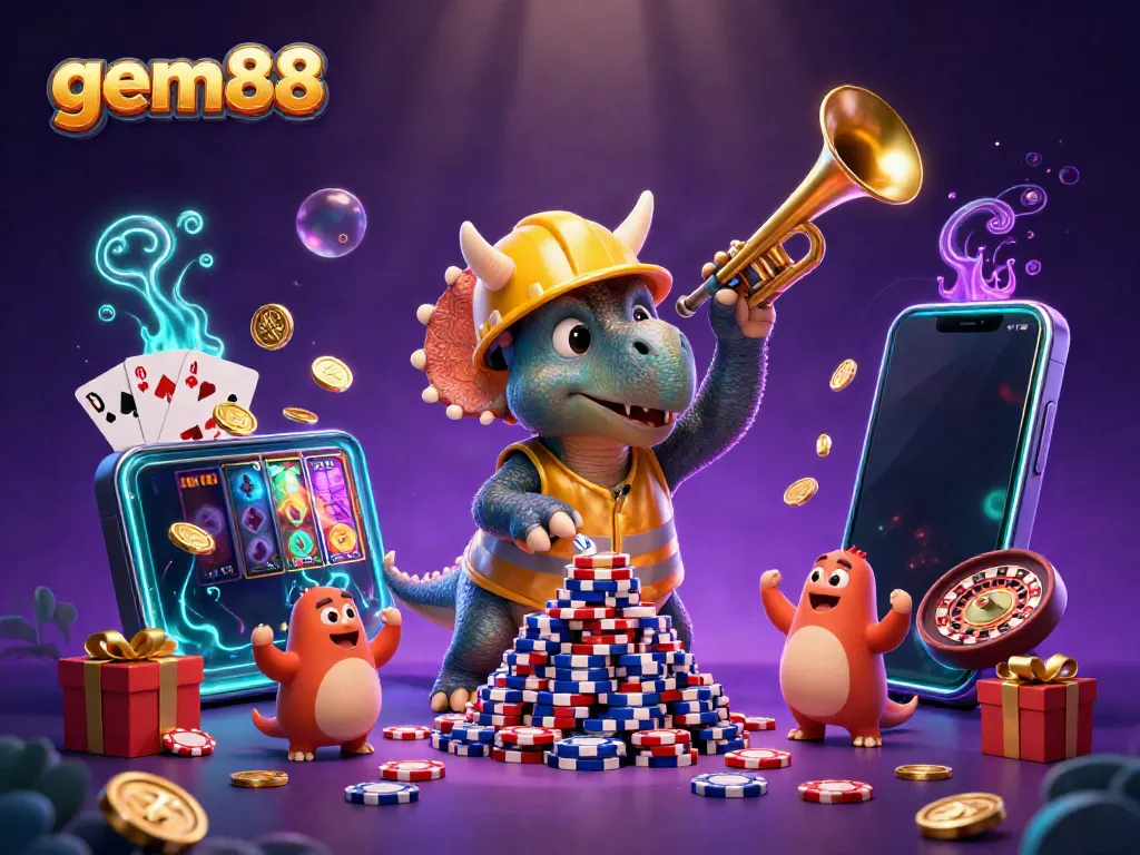 Experience exciting gameplay at gem88 with vibrant slot games and celebratory dinosaurs in a dynamic 3D scene.