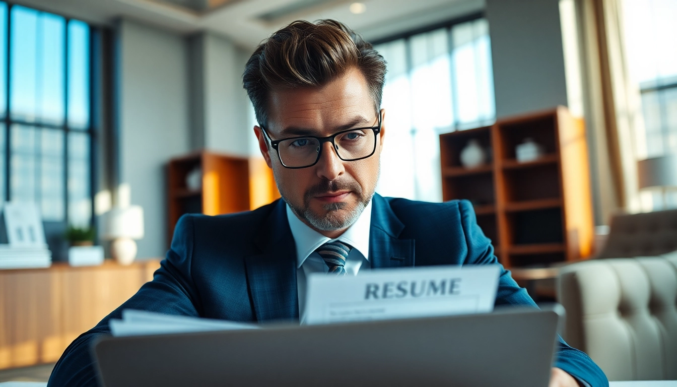 Headhunter Schweiz arbeitet konzentriert in einem eleganten Büro mit Lebensläufen.
