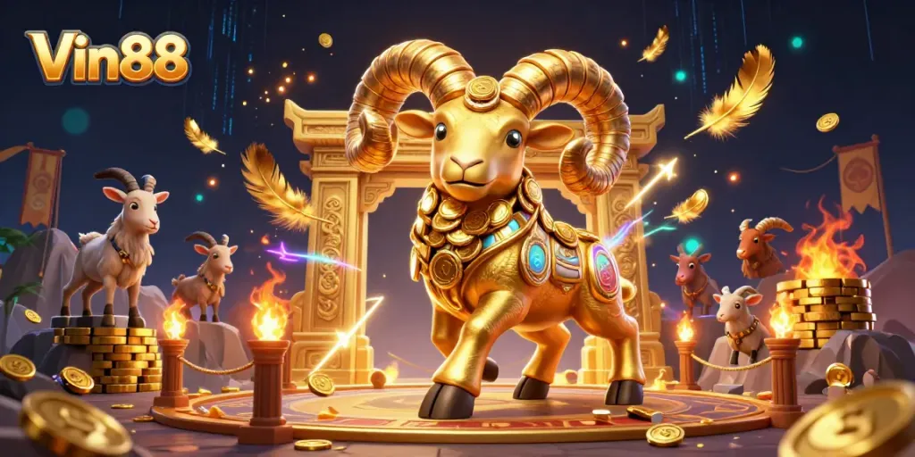 Immerse in Vin88’s vibrant casino scene with golden ram and dynamic gaming elements.
