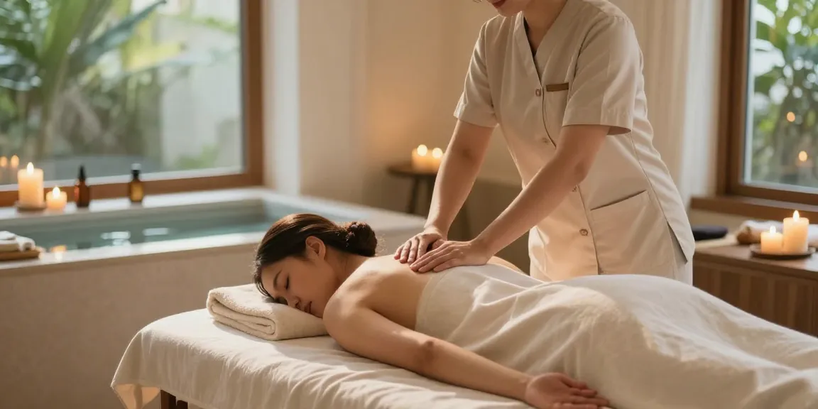 마사지 치료 중인 모습을 담은 스파 내부의 따뜻하고 아늑한 환경