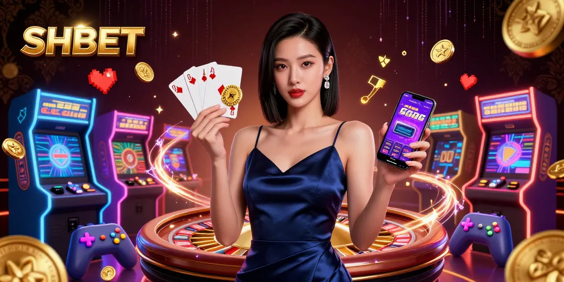 Engage with SHBET's thrilling casino app featuring a confident woman in a sumptuous dress holding casino elements.