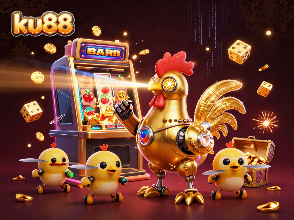 Experience exciting gaming action with the ku88 golden rooster robot amidst vibrant casino elements.