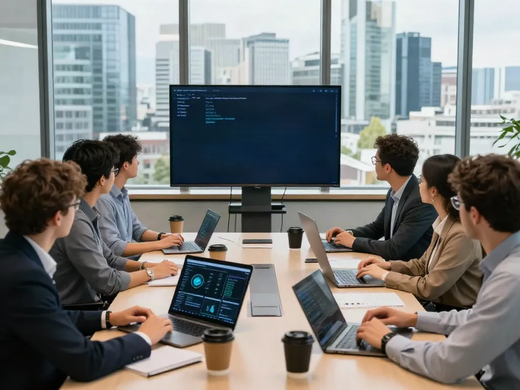Cybersecurity Frankfurt - Professionelles Team in einem modernen Büro bei einer Besprechung zur IT-Sicherheit.