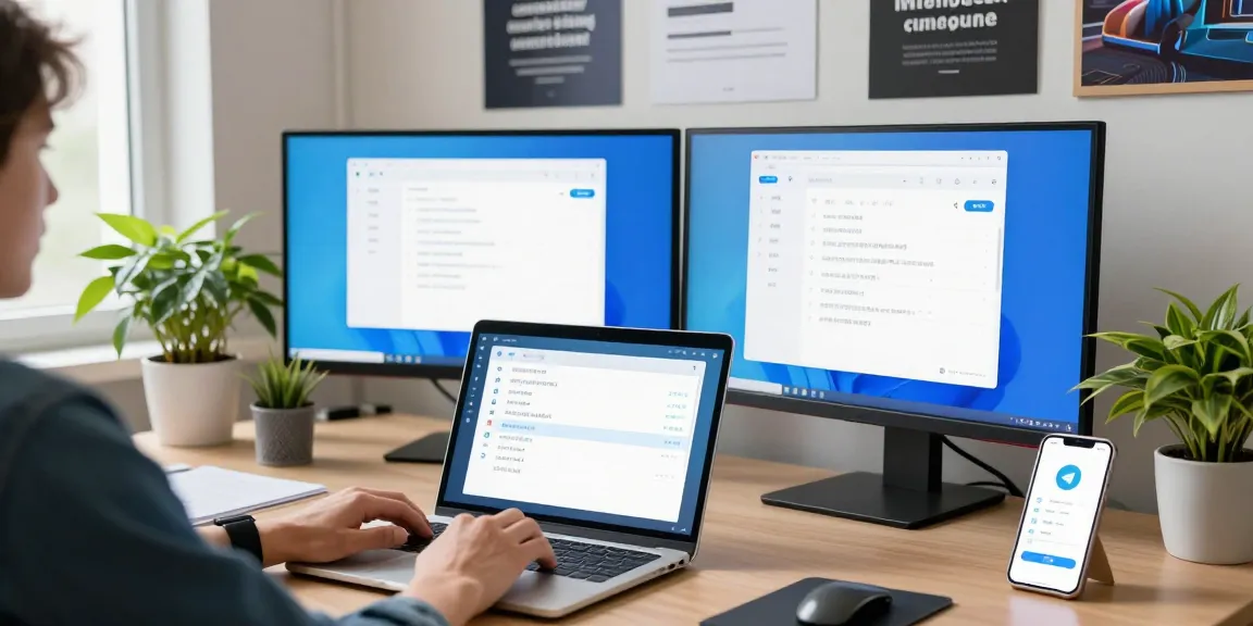 Customizing Telegram Chinese settings on a modern workstation with dual monitors.