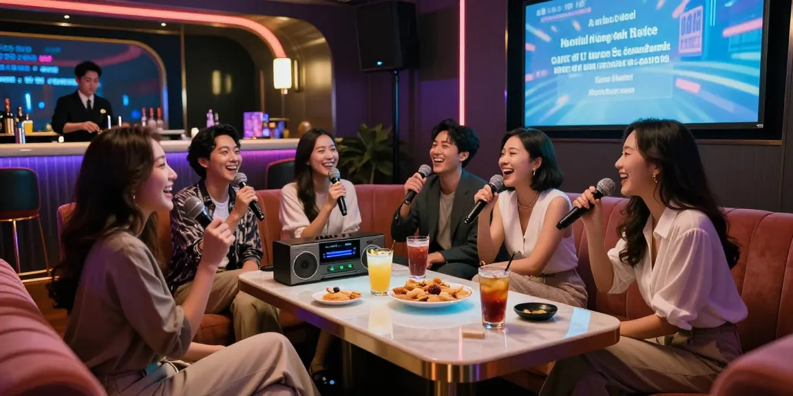 강남쩜오에서 즐거운 분위기의 프리미엄 노래방 장면, 친구들이 함께 노래를 부르며 행복한 시간을 보내고 있습니다.