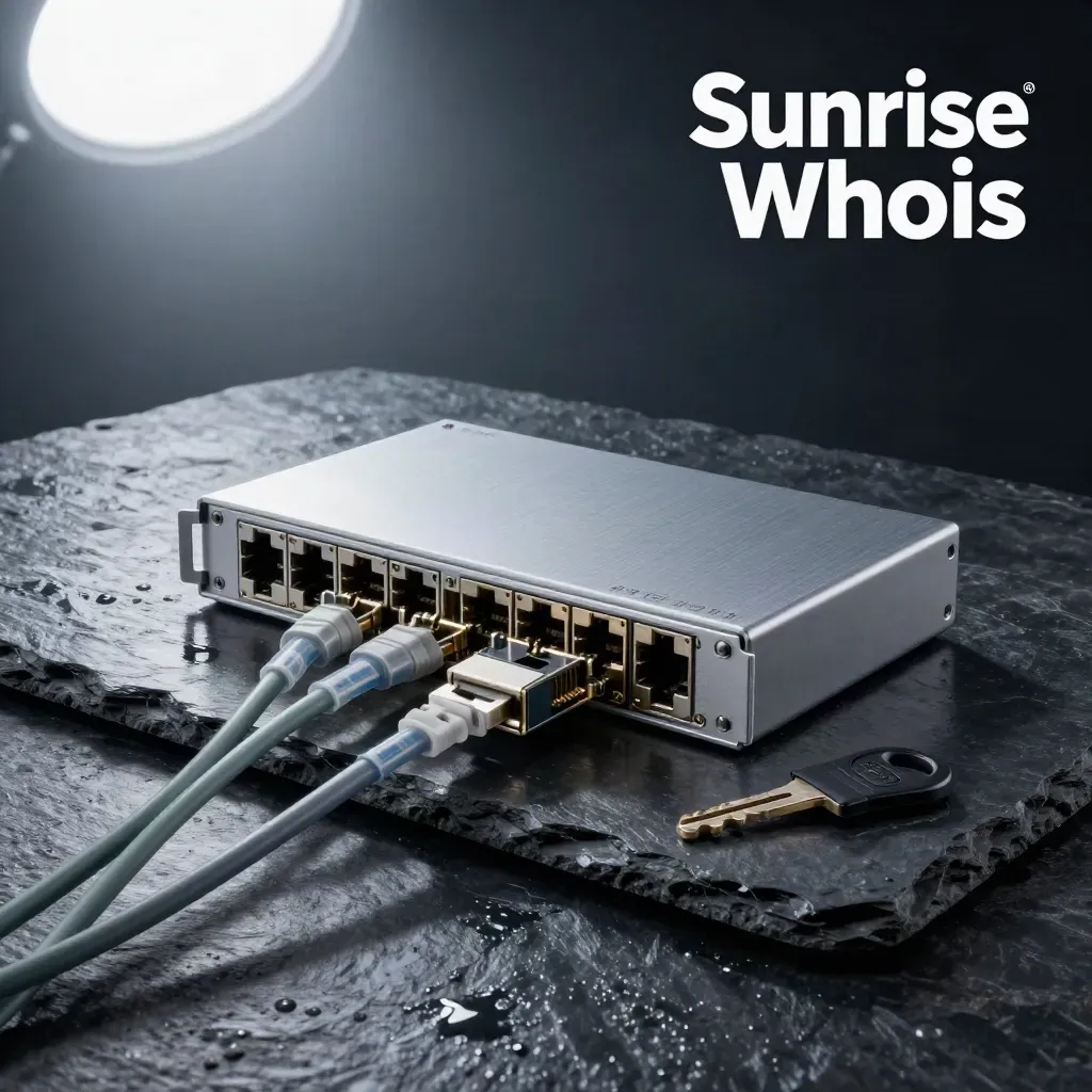 Rack-Switch, Cat6-Kabel und Glasfaser auf nassem Schiefer im dramatischen Studio-Licht.