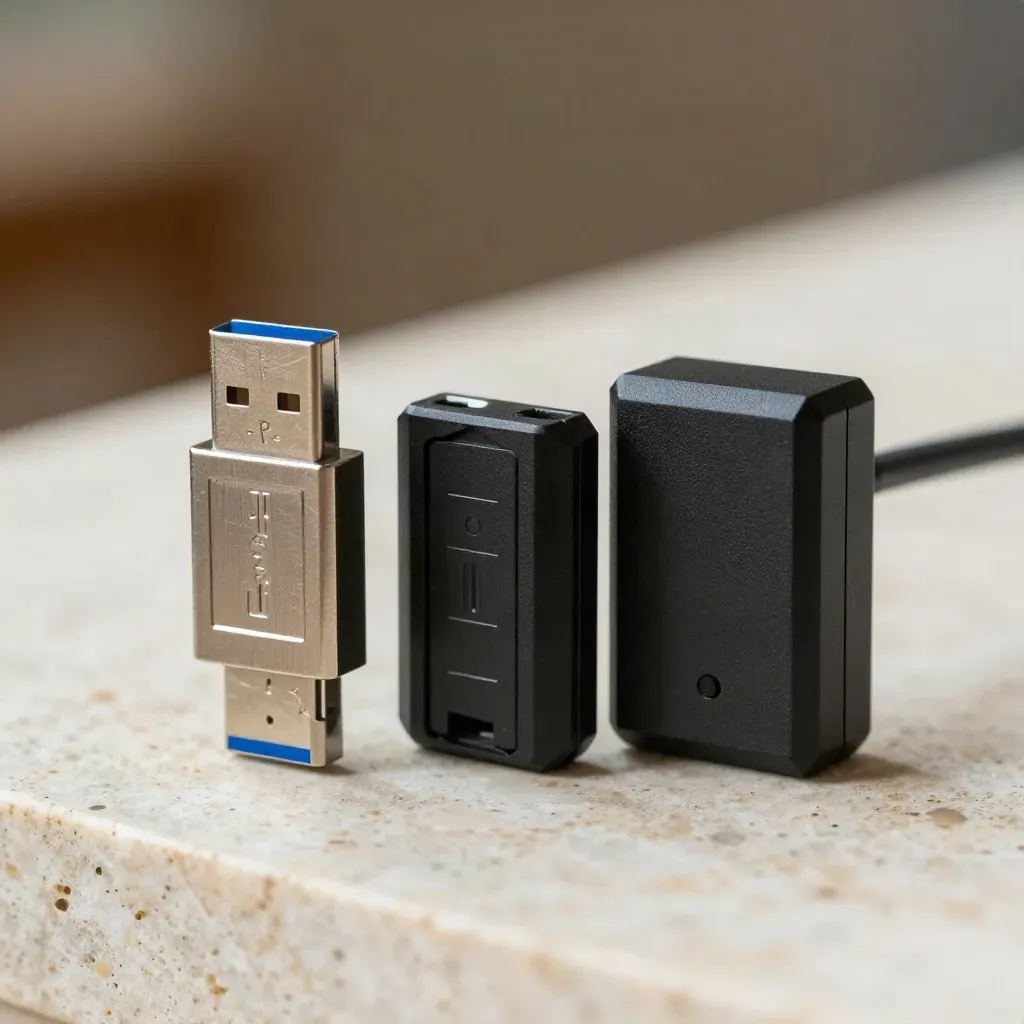 USB-Sicherheitsschlüssel, Dongle und Adapterblock auf hellem Stein, warmes Makrolicht