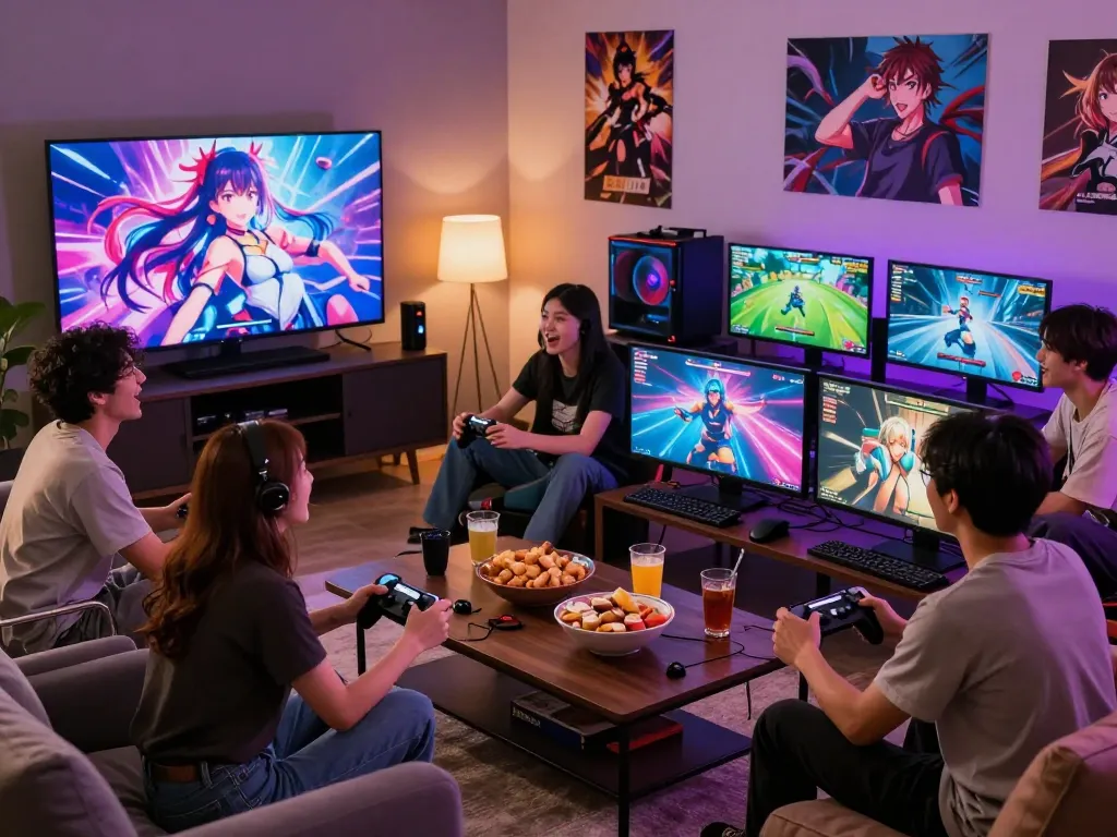 Exciting gaming scene of players enjoying various hentai games together, showcasing vibrant anime characters and engaging atmosphere.