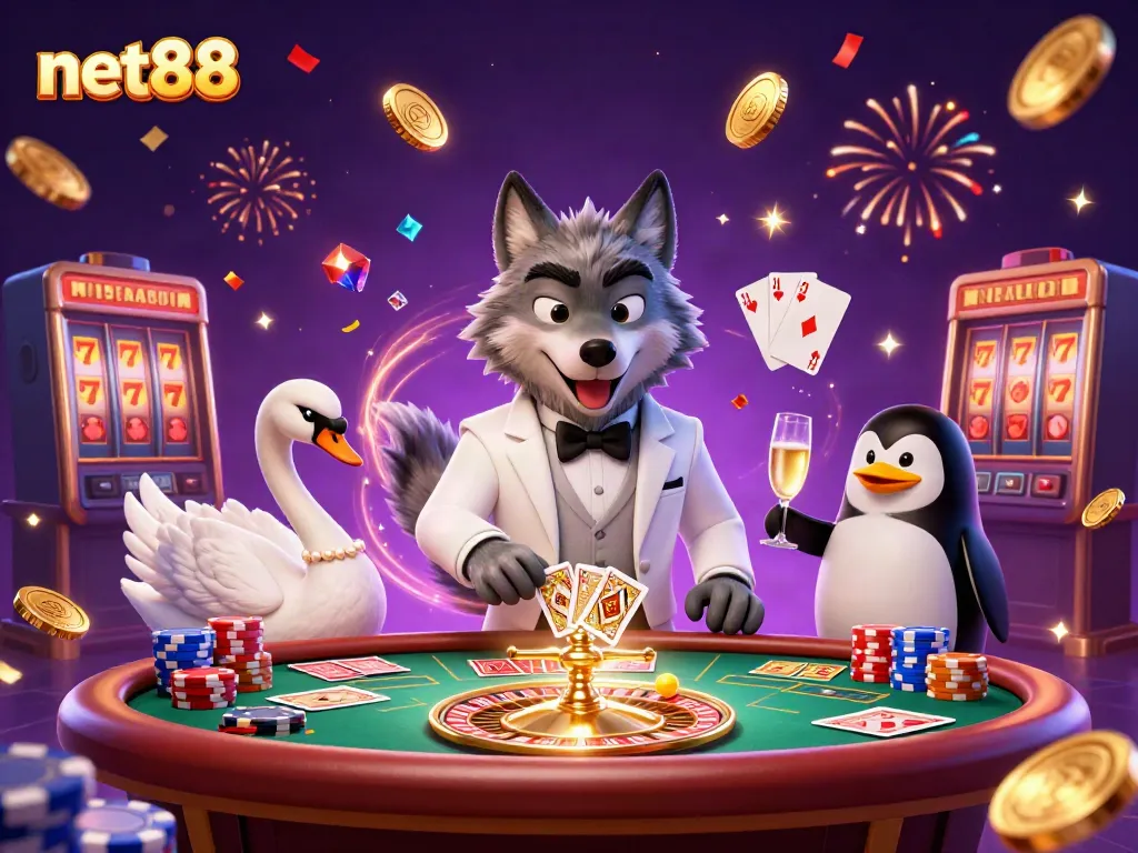 Experience the thrill of net88 with a debonair wolf and friends at the baccarat table.