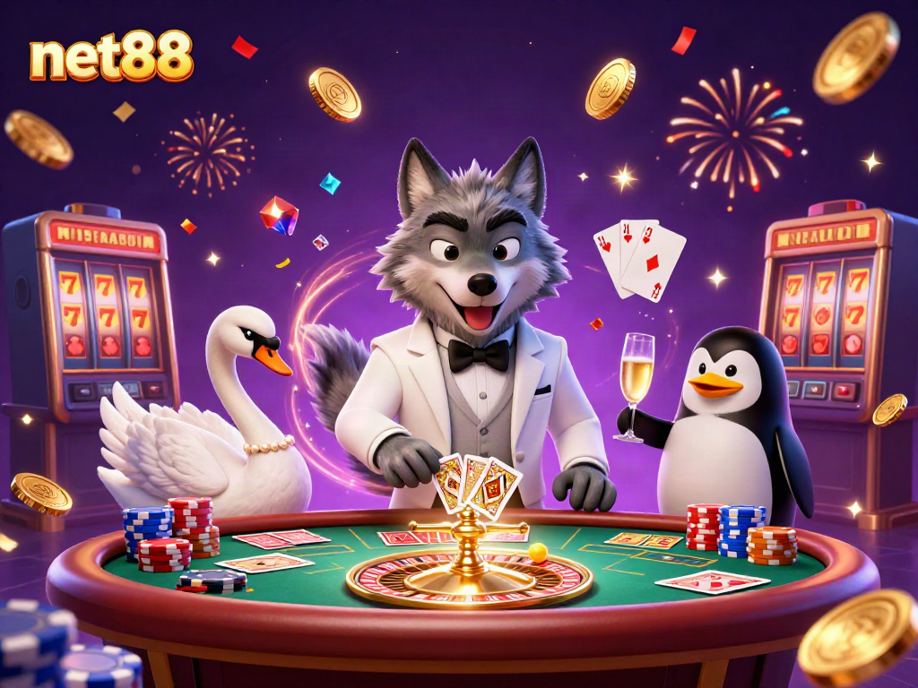 Experience the thrill of net88 with a debonair wolf and friends at the baccarat table.