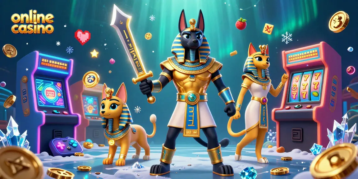 Engage in exciting online casino adventures with Anubis and Bastet amidst vibrant gaming elements.