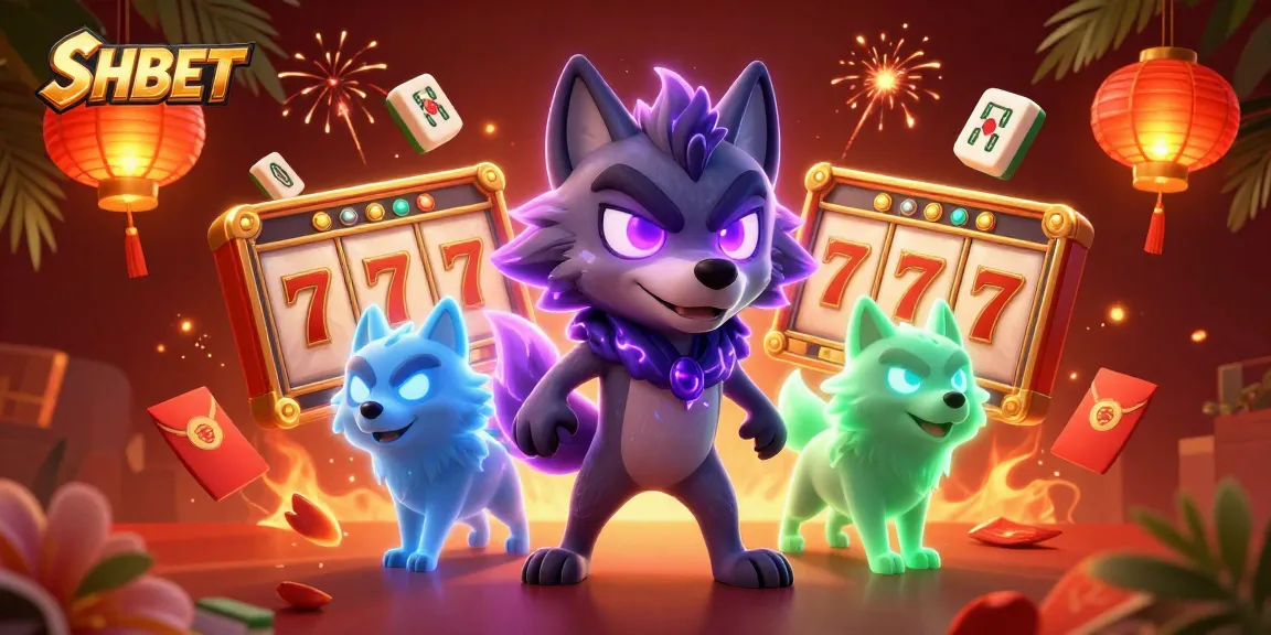 Experience thrilling gaming at SHBET with immersive visuals of slot reels and ghostly wolves.