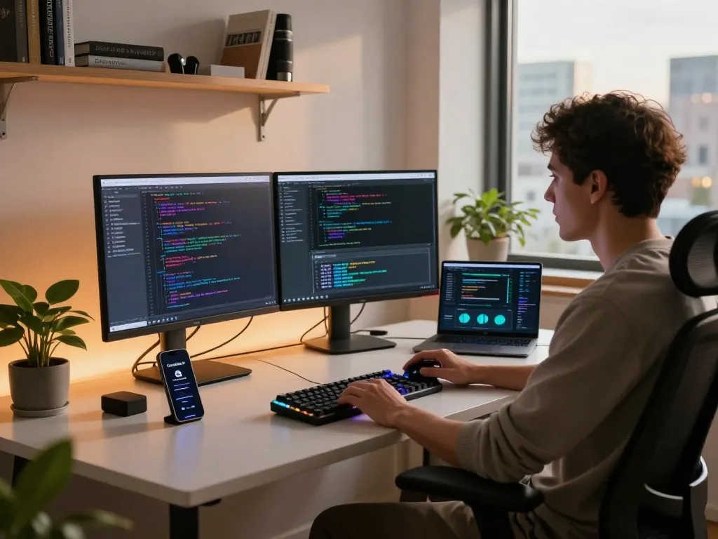 developer using clawdbot ai in a modern tech workspace with vibrant coding screens