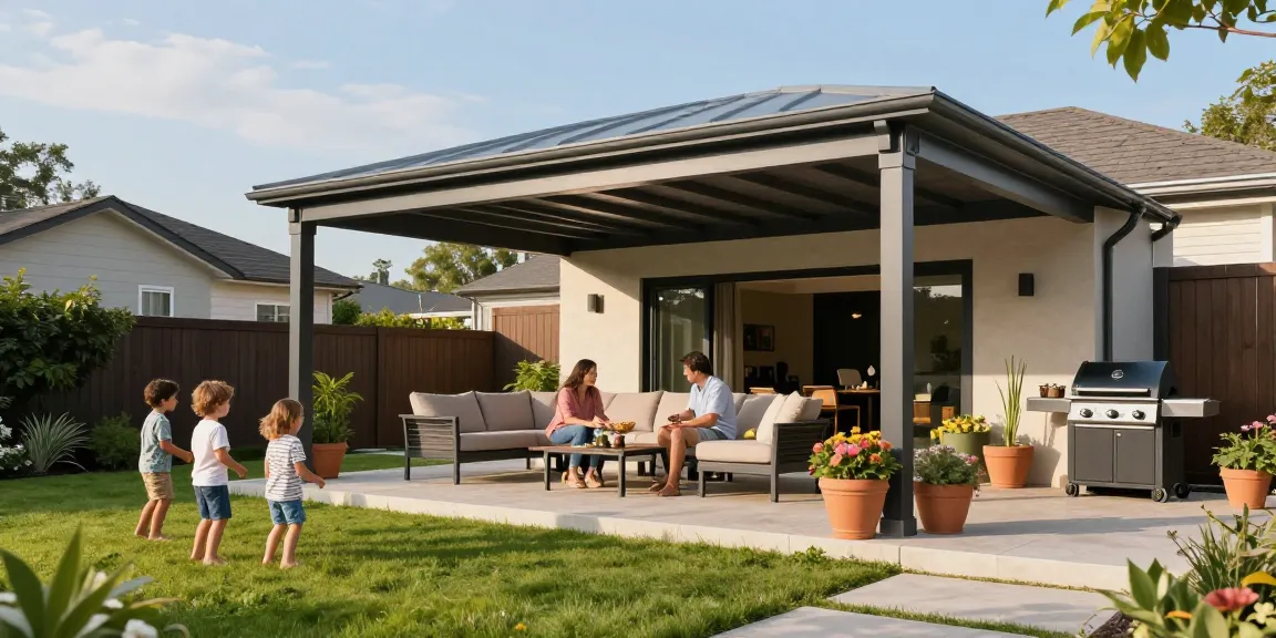 Moderne Terrassenüberdachung in einem einladenden Garten mit Familie und Blumen.