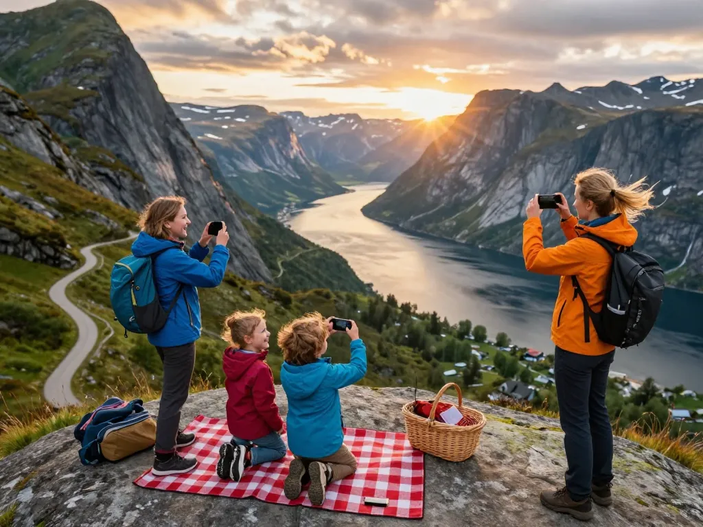 Familie genießt ihren Urlaub in Skandinavien an einem malerischen Bergblick und hält Momente während des Sonnenuntergangs fest.