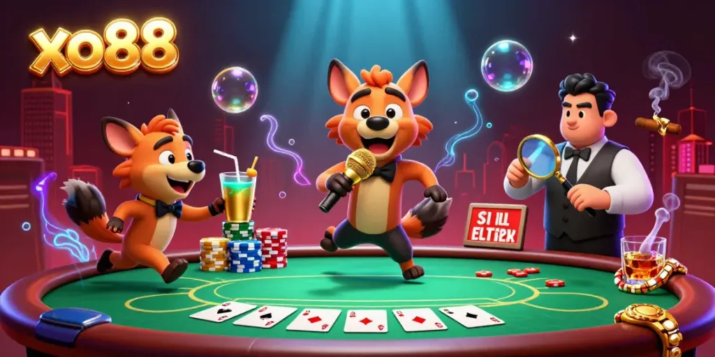 Engage with exciting gaming action at xo88, featuring lively hyena characters at a vibrant comedy casino.