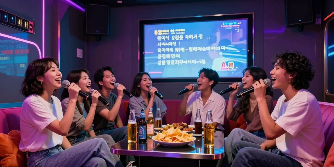 강남가라오케의 즐거운 분위기 속에서 친구들과 함께 노래를 부르는 모습.