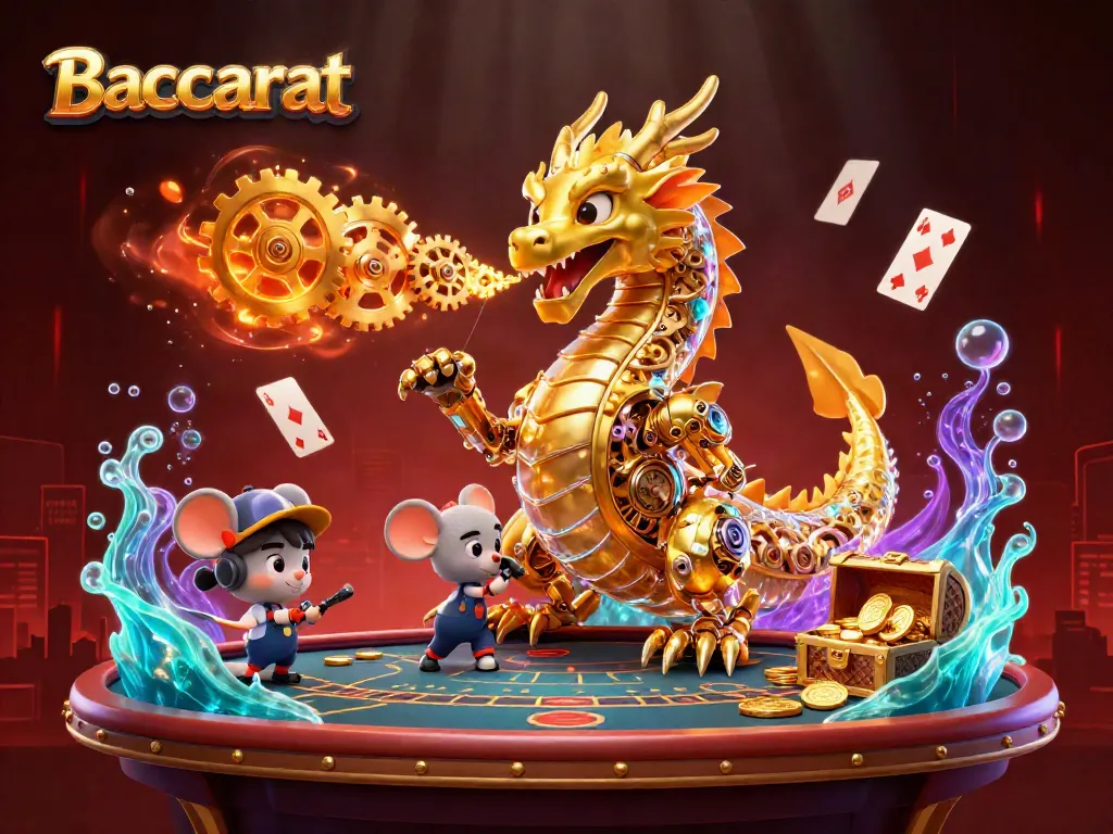 Baccarat game scene with a golden dragon, colorful cards, and a treasure chest. Explore your winning potential!