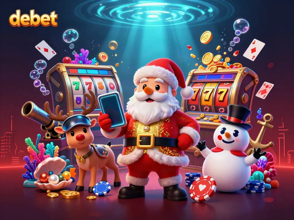 Engage with debet online casino magic as Santa, a reindeer dealer, and a poker chip snowman celebrate in 3D.