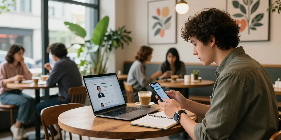 Individual exploring 오피 services in a modern café, engaging with customer support.